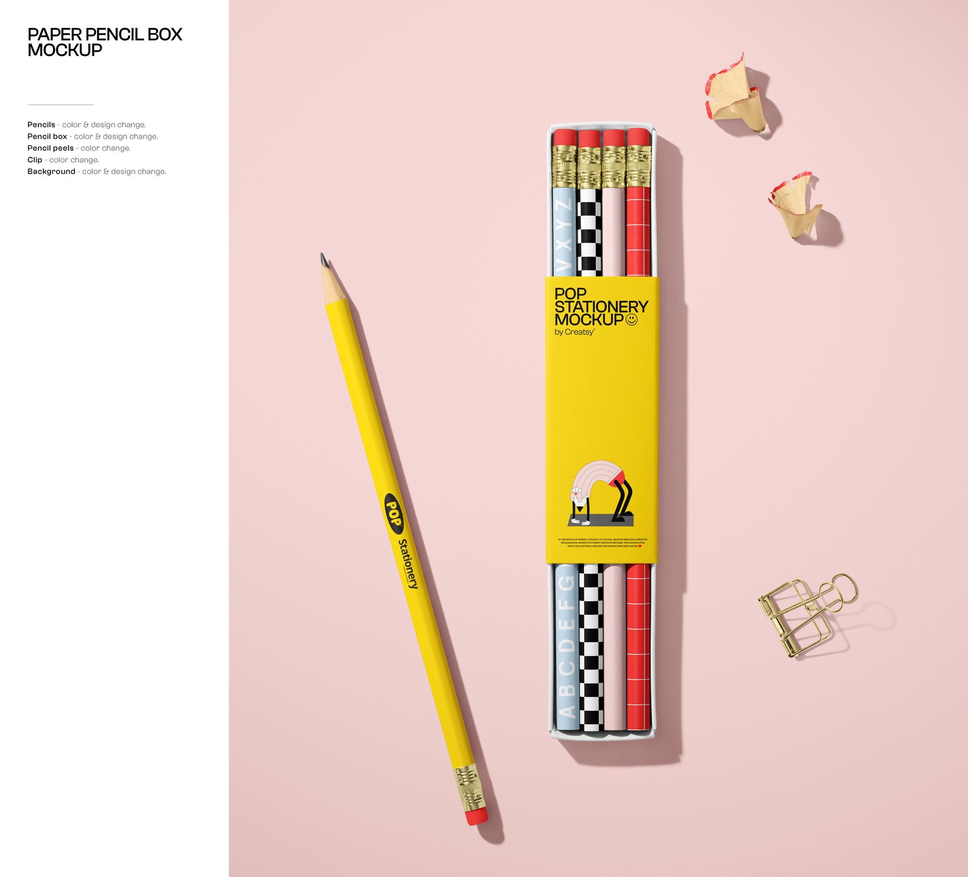 Stationery mockup featuring a single yellow pencil, a box of assorted patterned pencils, and scattered pencil shavings.