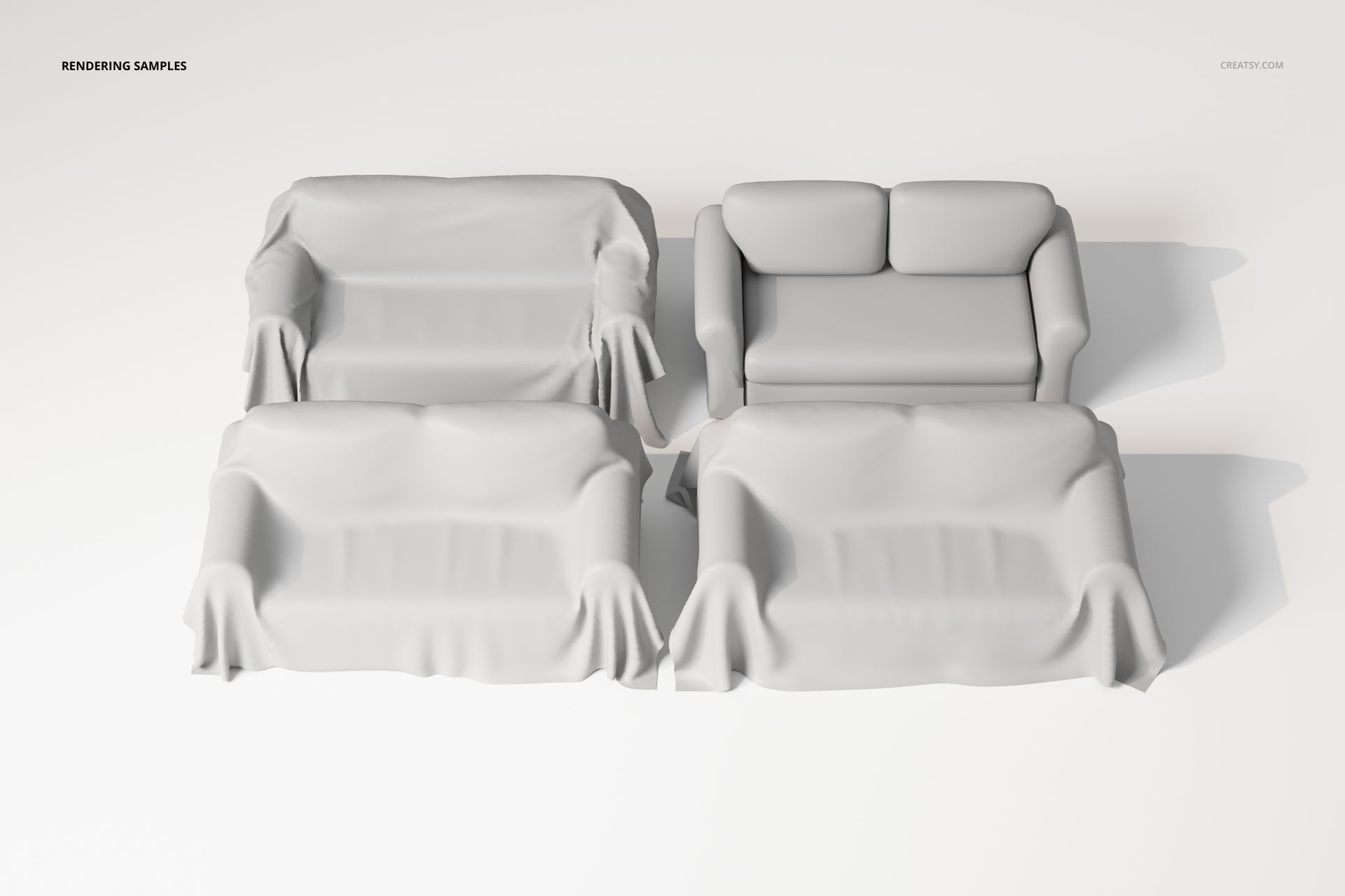 Front view of four sofas covered with plain light gray throw covers, arranged on a white background in a studio setting.