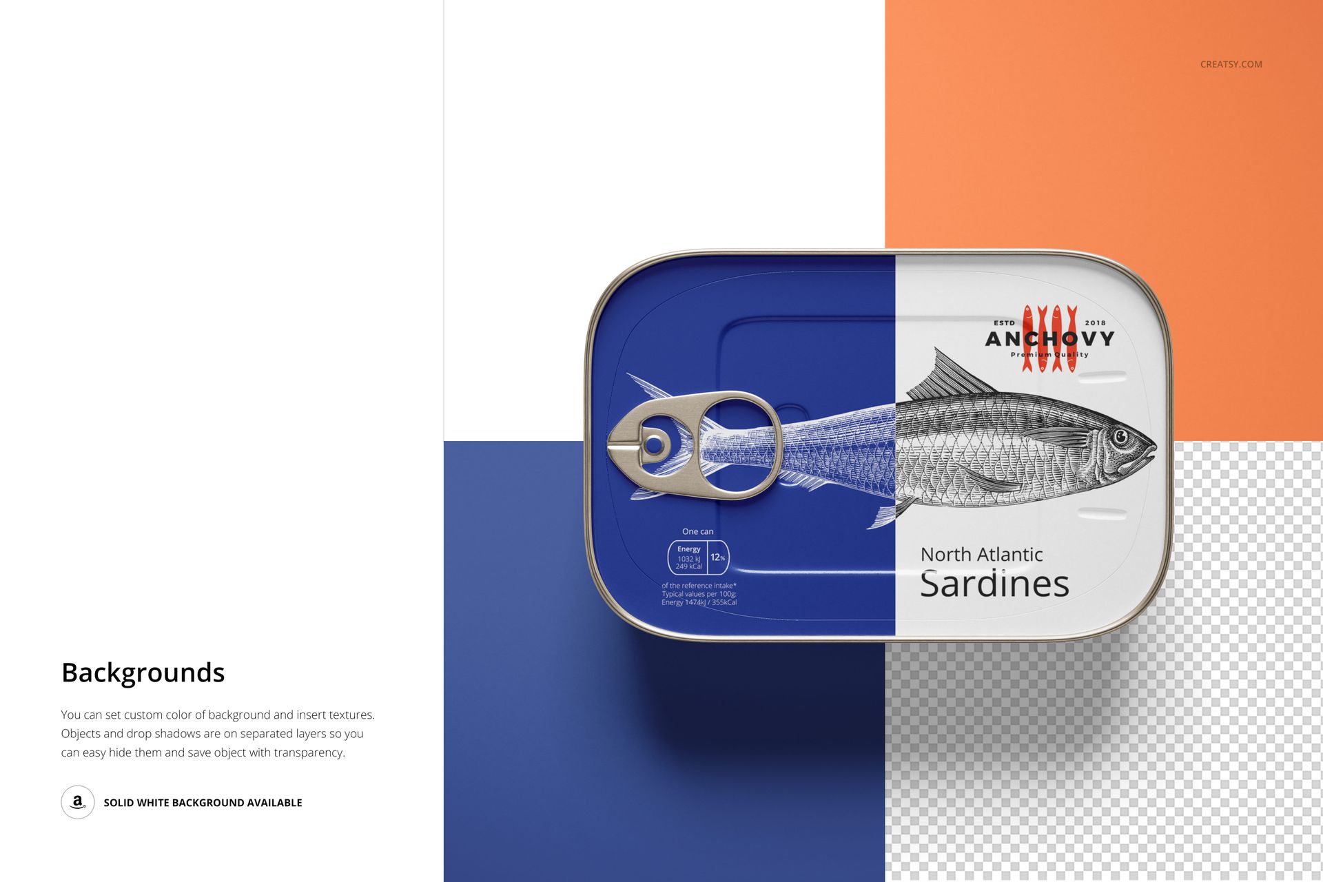 Rectangular sardine tin can mockup with blue and white design, viewed from above on a color-block background.