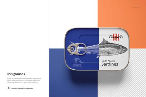 Rectangular sardine tin can mockup with blue and white design, viewed from above on a color-block background.