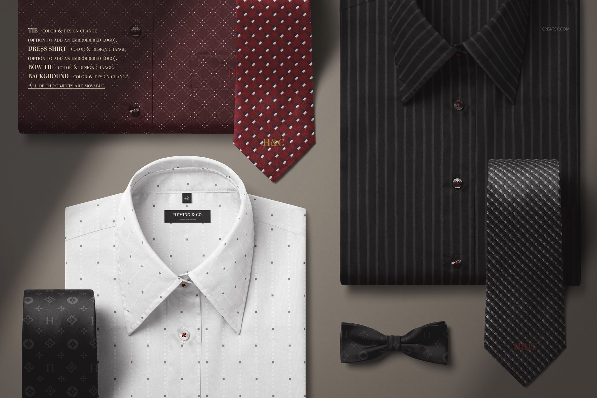 Top view of a men's fashion mockup featuring striped and dotted shirts, silk ties, and a classic bow tie.