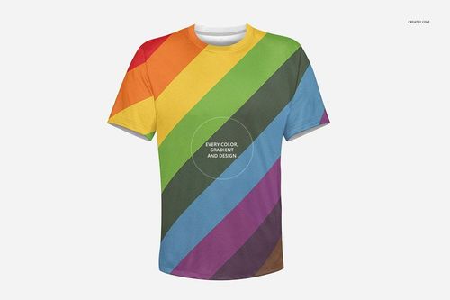PSD mockup of a short-sleeve polyester T-shirt featuring bold diagonal rainbow stripes, displayed on a plain backdrop.