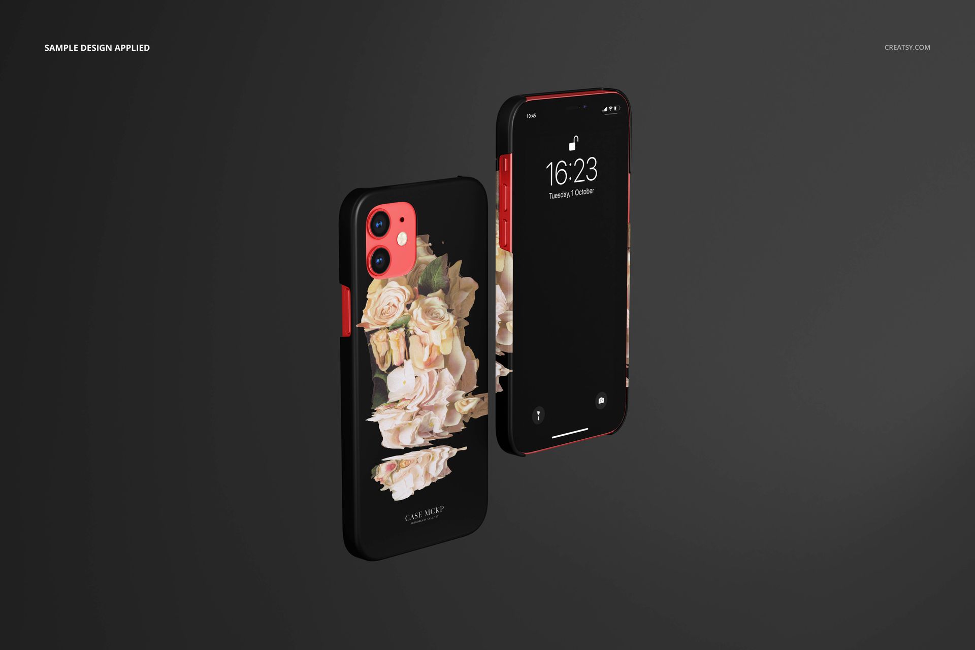 Front and back view of an iPhone 12 matte snap case mockup with a floral design on a black background.