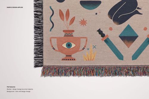 Jacquard fringed woven throw blanket mockup with geometric and abstract patterns, shown from a top view.