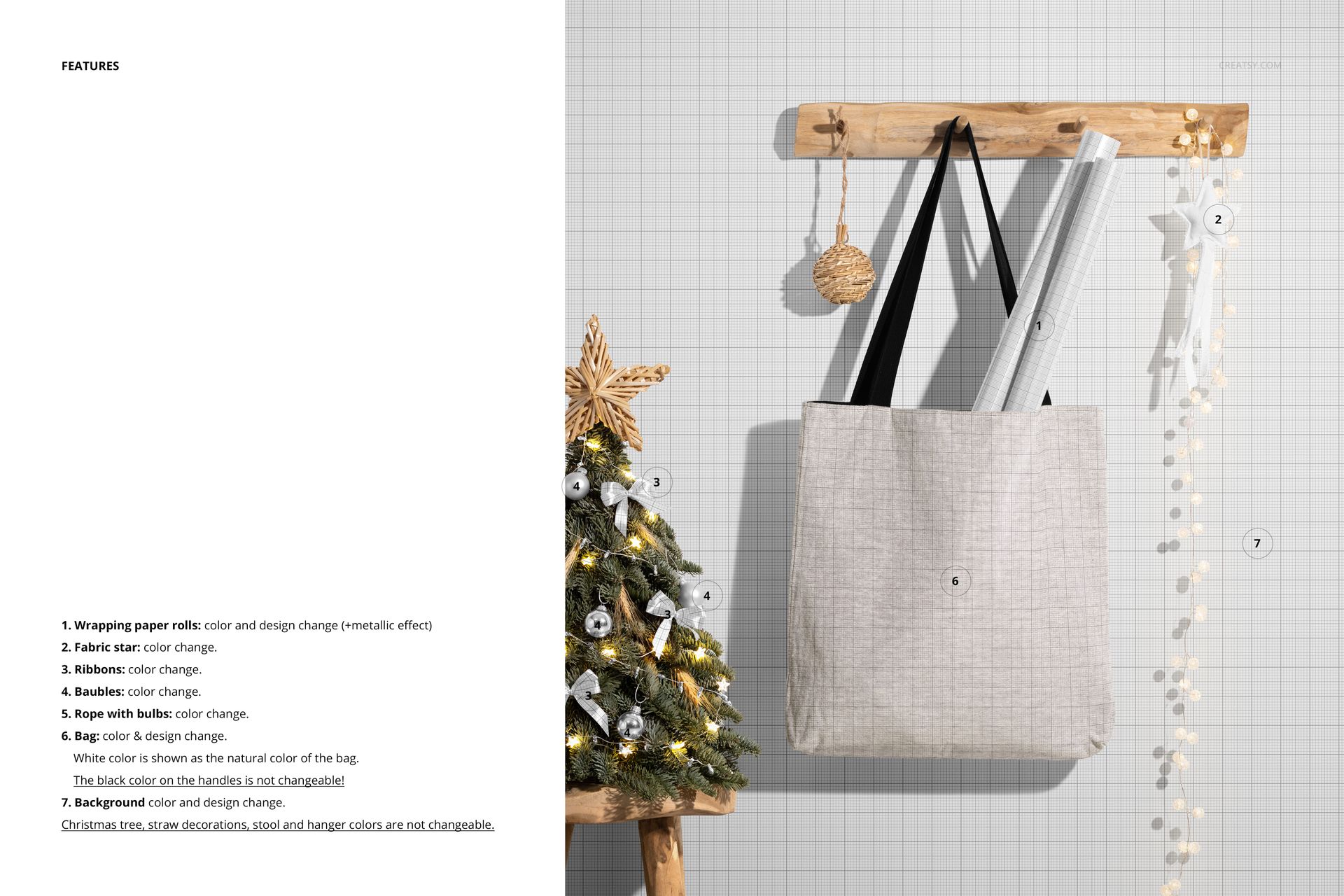 Woven tote bag mockup hanging on a wooden rack, shown from the front with neutral fabric and black handles.