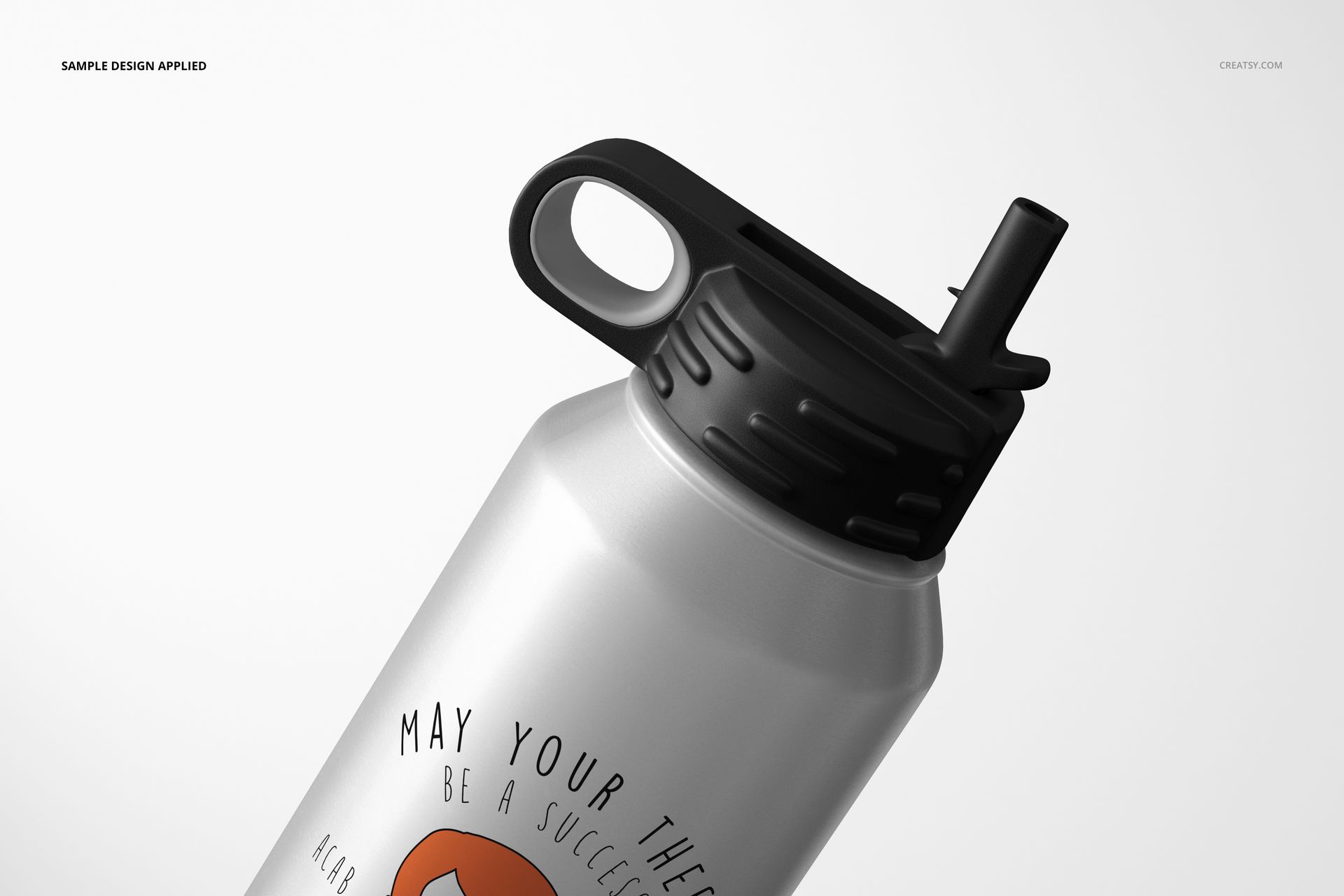Close-up view of a 40 oz. stainless steel water bottle mockup featuring a black screw cap and spout.