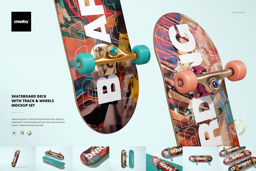 Skateboard Deck with Track and Wheels Mockup Set - mockup screenshot 1