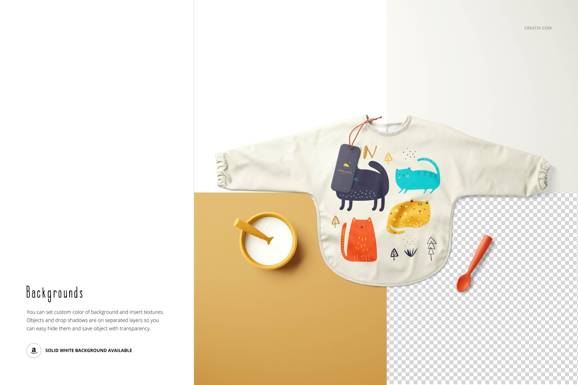 Long-sleeved baby bib mockup with playful animal illustrations, shown from above on a split white and yellow background.