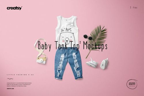 Front view of a baby tank top mockup in white with a playful graphic, paired with ripped jeans and accessories on a pink background.