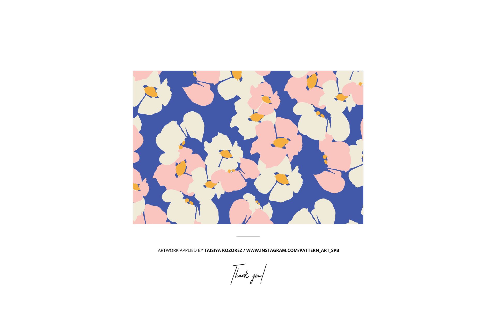 Closeup of cotton fabric mockup featuring a colorful floral pattern with pink, cream, and blue hues on a rectangular swatch.