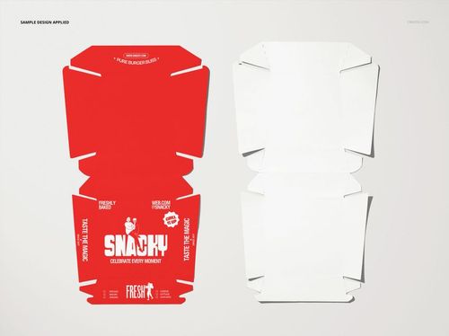 Unfolded burger box mockup showing two box templates side by side, one with a red design and one plain white, top view.