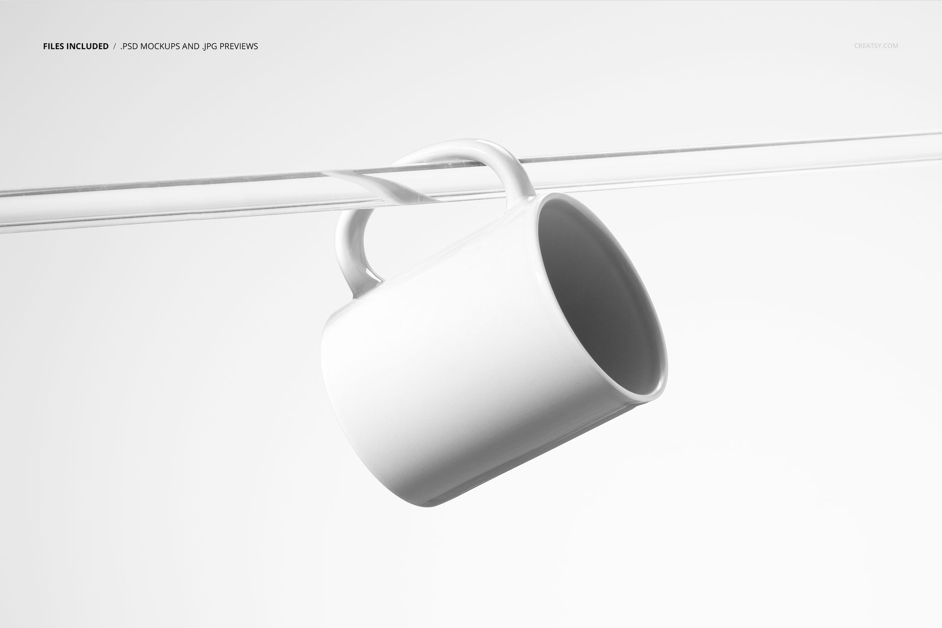 Minimalist mockup of a plain white mug suspended on a clear acrylic rod, viewed from the side against a light backdrop.