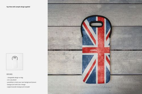 Wine bag mockup shown from above, decorated with a British flag pattern and set against a wood background.