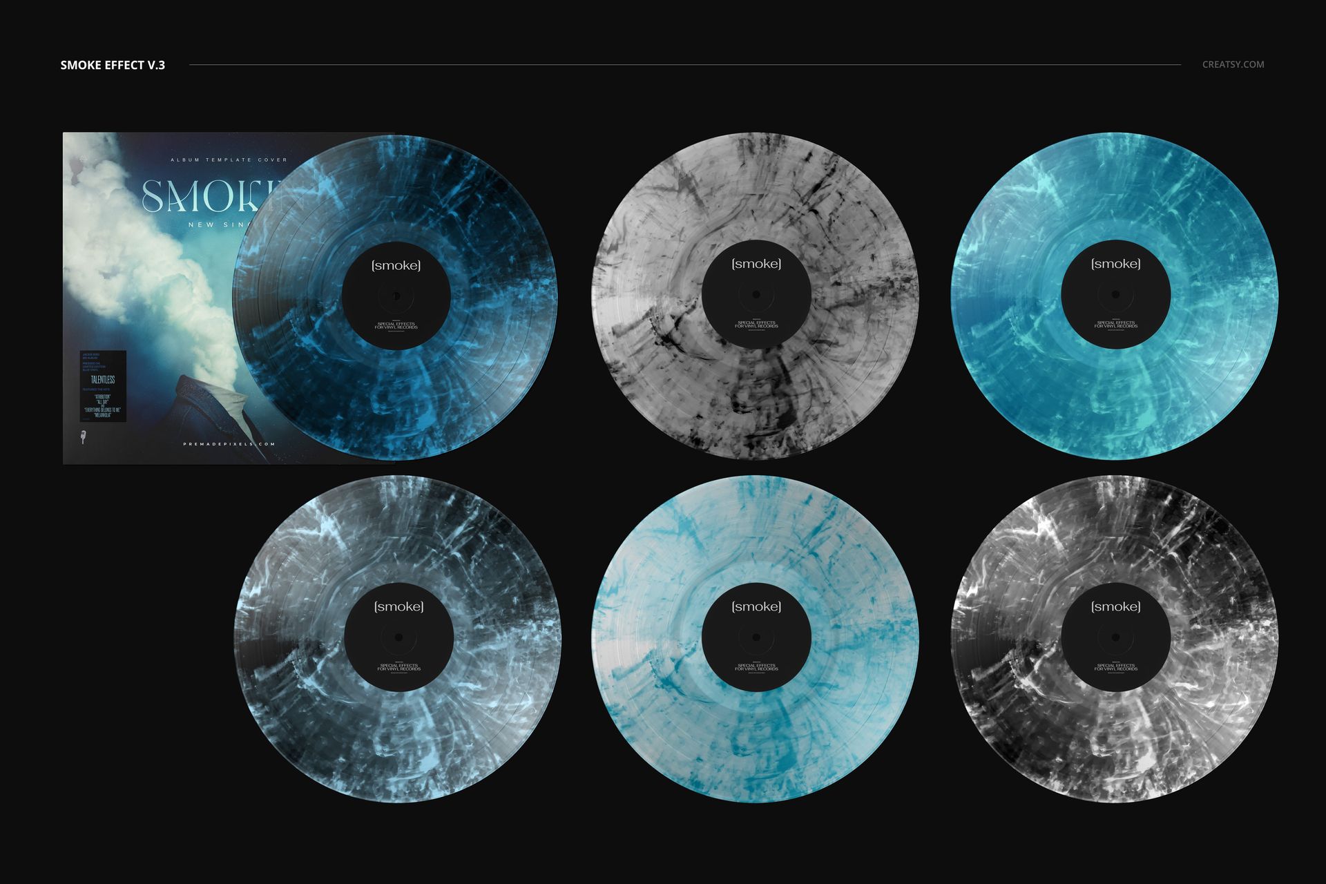 PSD mockup featuring six vinyl records with marbled blue and gray smoke effects, plus a cover with a smoke-themed graphic.
