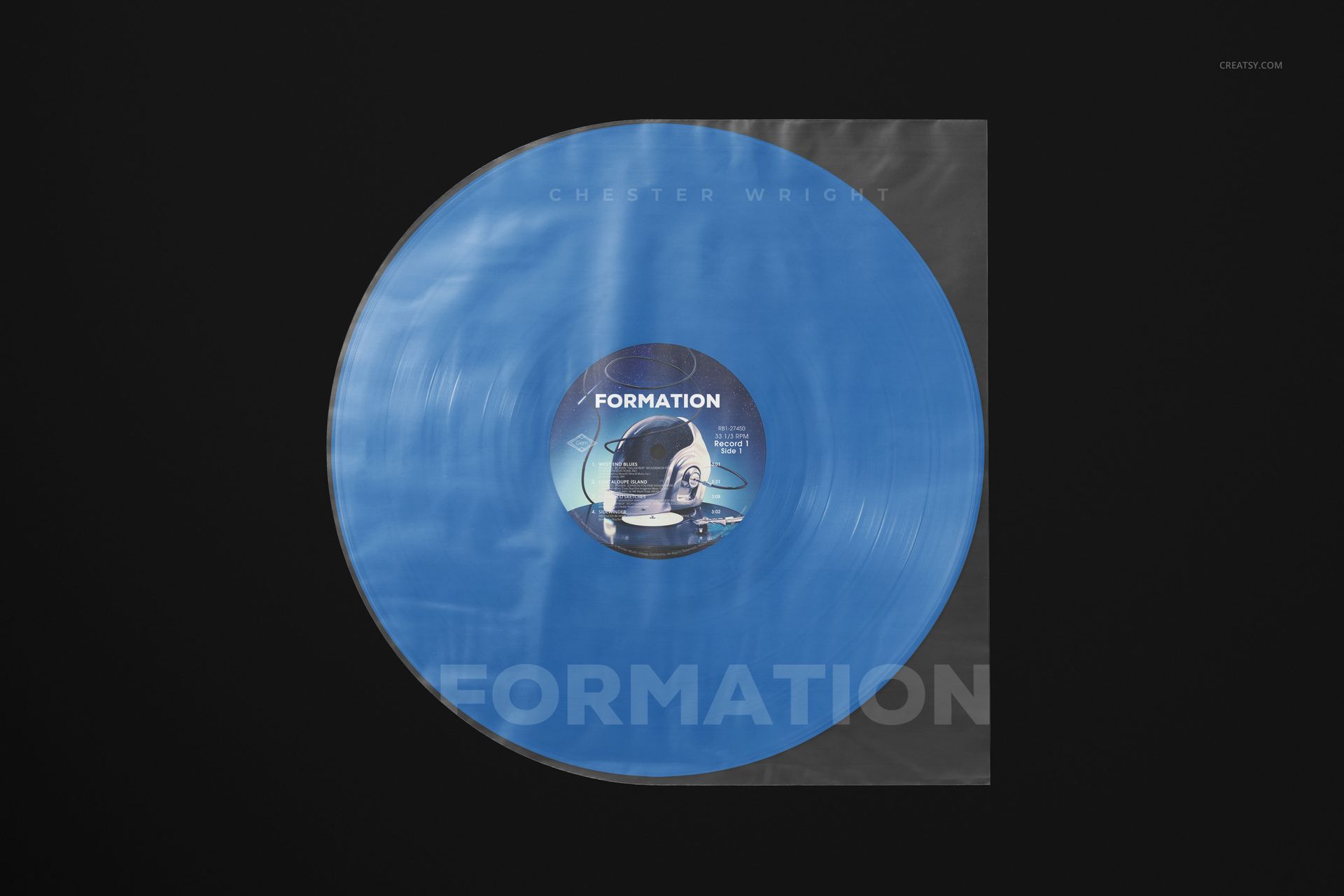 PSD mockup showing a blue vinyl record in a semi-transparent sleeve, with visible grooves and label details.