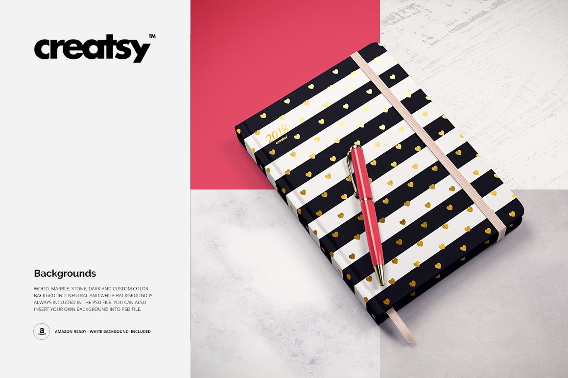 Top view of a planner mockup featuring black and white stripes, gold hearts, and a pink elastic band, placed with a pen.
