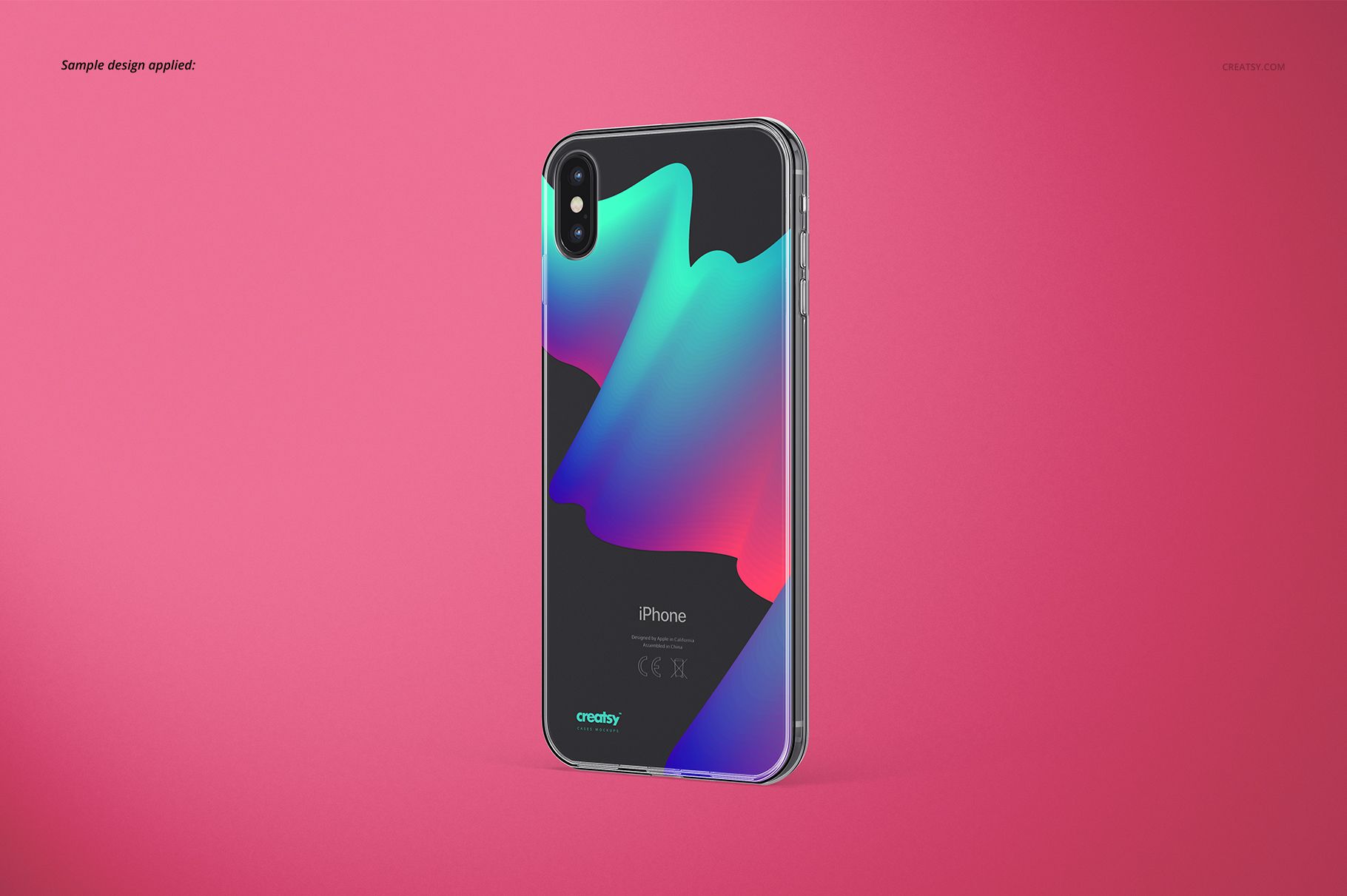 Clear iPhone XS Max case mockup with abstract colorful design, shown from a rear angle on a solid pink background.