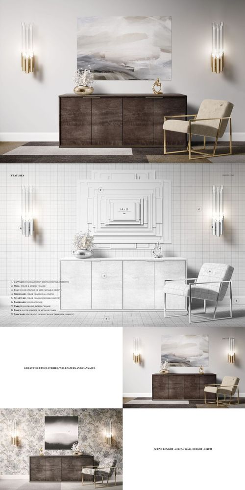 PSD mockup showing a contemporary interior with a wooden cabinet, patterned wallpaper, and framed wall art.