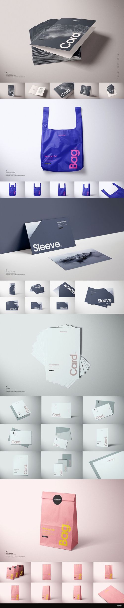 Various packaging items including boxes, bags, sleeves, cards, and envelopes shown in a front and top view mockup layout.