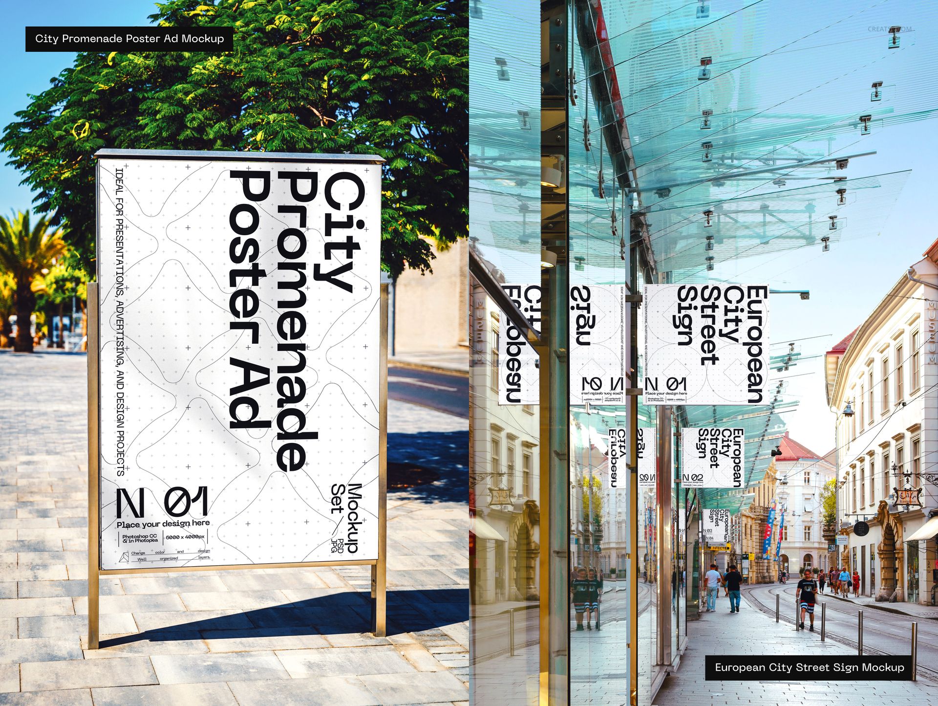 Outdoor advertising mockup showing a large vertical poster on a city promenade and glass signs above a busy street.