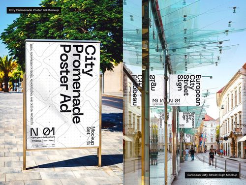 Outdoor advertising mockup showing a large vertical poster on a city promenade and glass signs above a busy street.