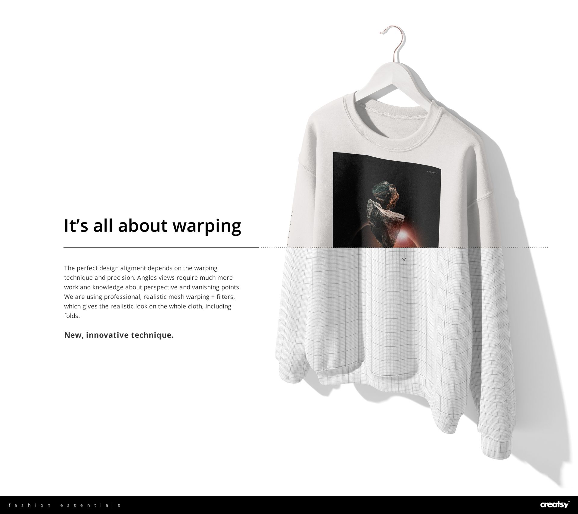 Front view of a light-colored adult sweatshirt mockup with grid pattern sleeves and a centered graphic artwork.