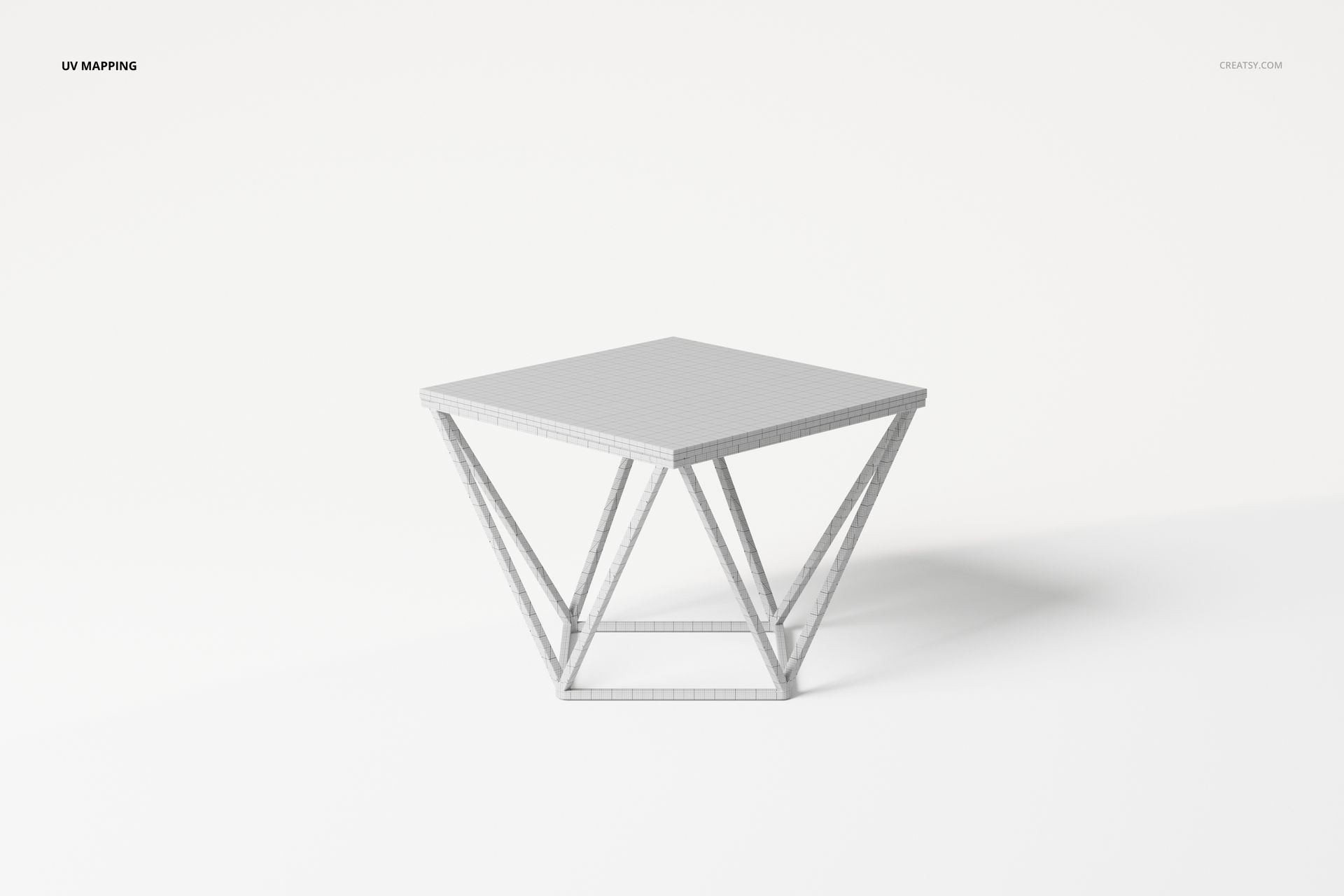 Square coffee table with a geometric metal base and light gray tabletop, shown on a plain white background.