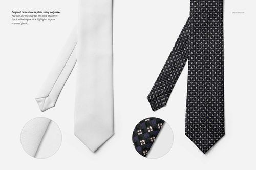 Fashion accessory mockup showing a white tie and a patterned black tie side by side, with magnified fabric details.