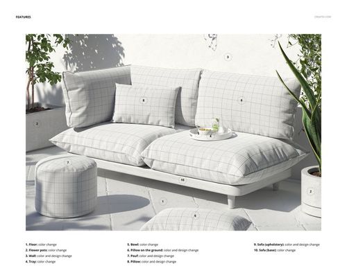 PSD mockup of a patio sofa and cushions set on a terrace, showing light upholstery and decorative elements in daylight.