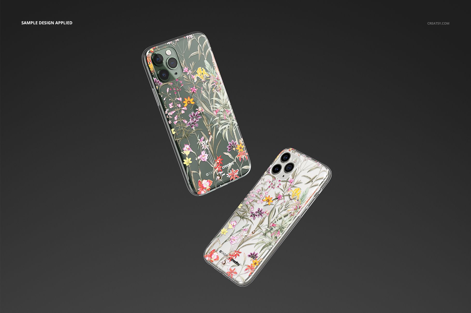 iPhone 11 Pro clear case mockup set with botanical artwork, both cases floating against a dark gradient backdrop.