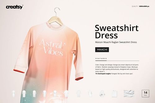 Front view of a raglan sweatshirt dress mockup featuring a gradient design in peach and teal tones with white text.