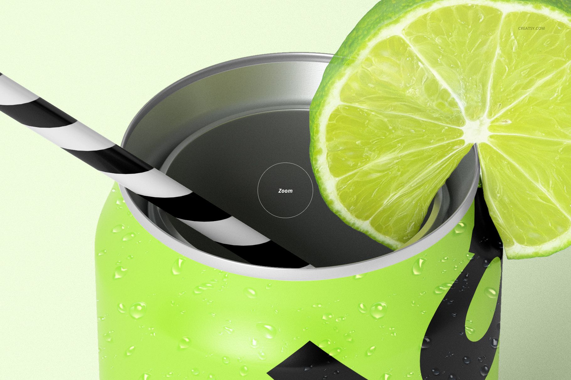 Front view of a green beverage can mockup with condensation, striped straw, and lime wedge on the edge.