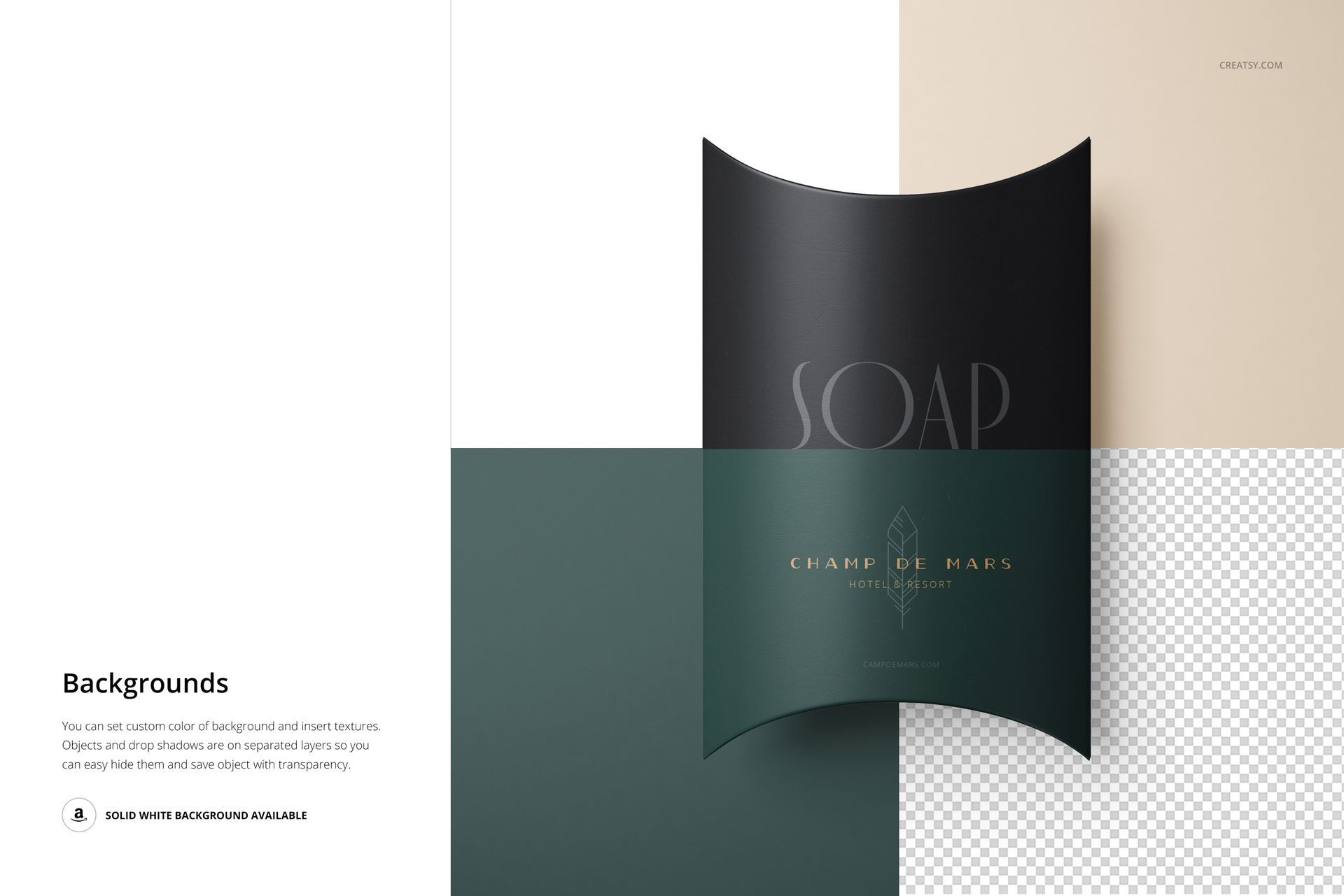 Front view of a hotel hand soap pillow box mockup with dark packaging on a split background of white, beige, and transparent.