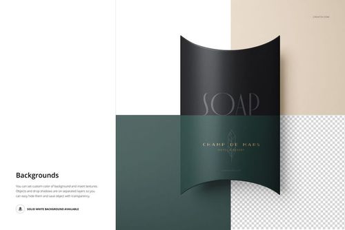 Front view of a hotel hand soap pillow box mockup with dark packaging on a split background of white, beige, and transparent.
