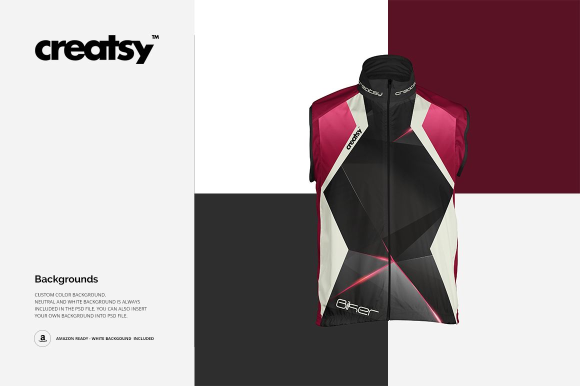 Front view of a cycling vest mockup with geometric black, white, and burgundy panels, displayed against a color-blocked background.