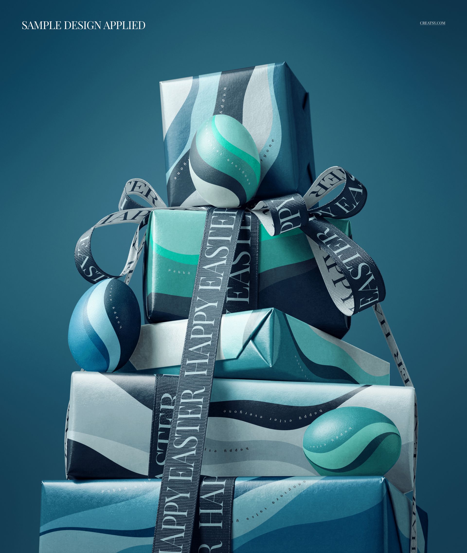 PSD mockup featuring a pile of gift boxes decorated with abstract Easter eggs and patterned ribbon, front perspective.