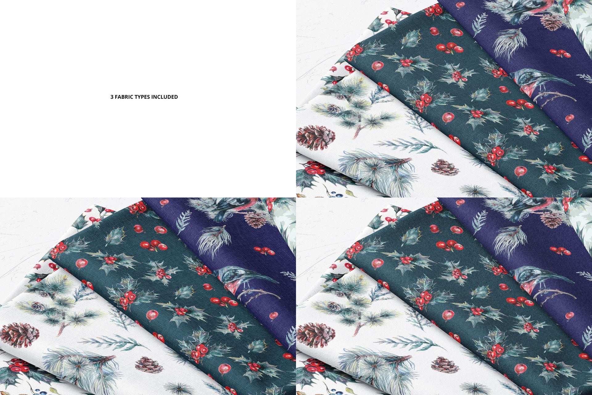 PSD mockup showing three folded textile samples with winter-themed prints in navy blue and white, arranged side by side.