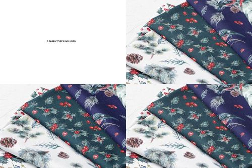 PSD mockup showing three folded textile samples with winter-themed prints in navy blue and white, arranged side by side.