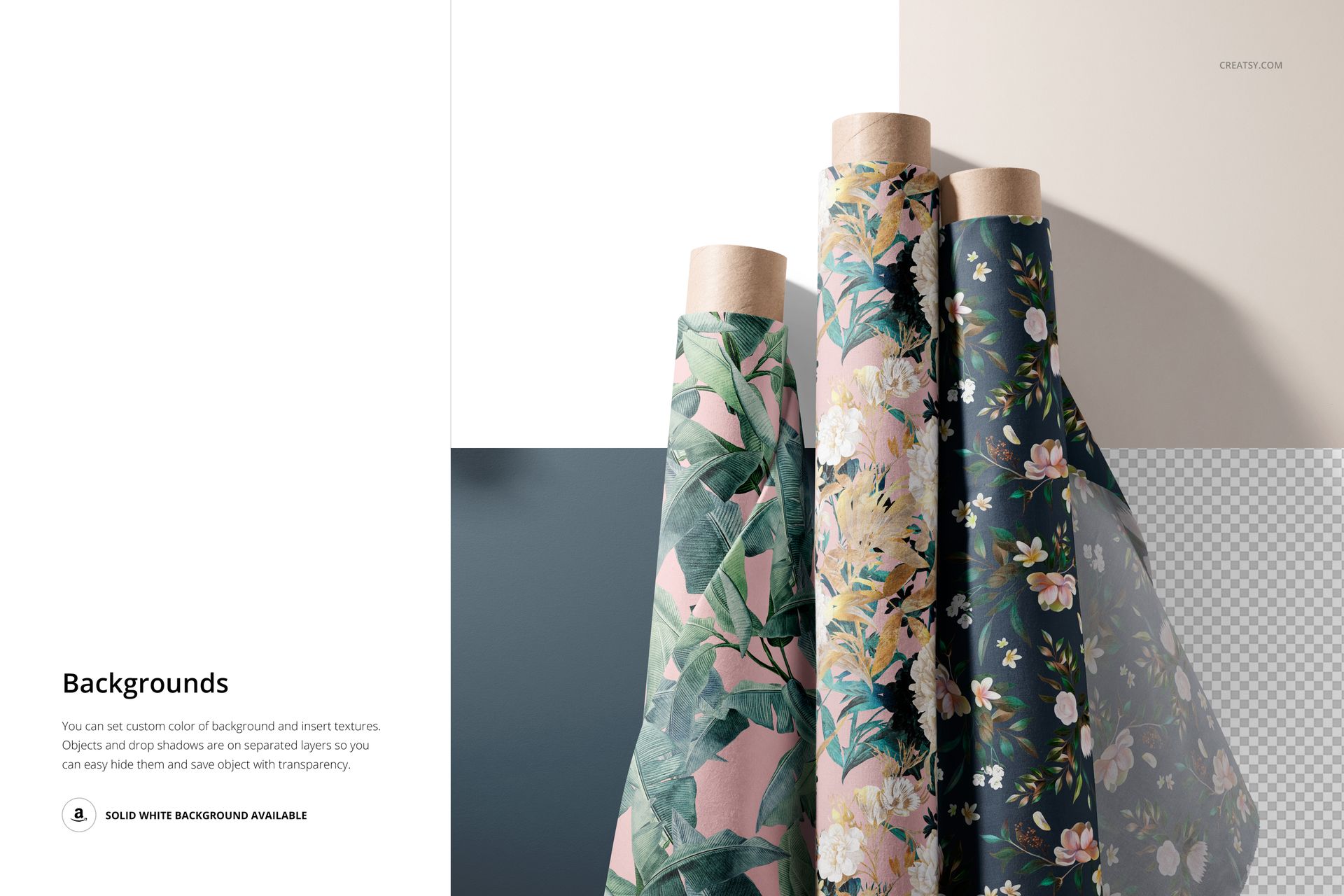 Fabric rolls mockup showing assorted botanical designs in green and pastel hues, viewed from a front angle on a white surface.