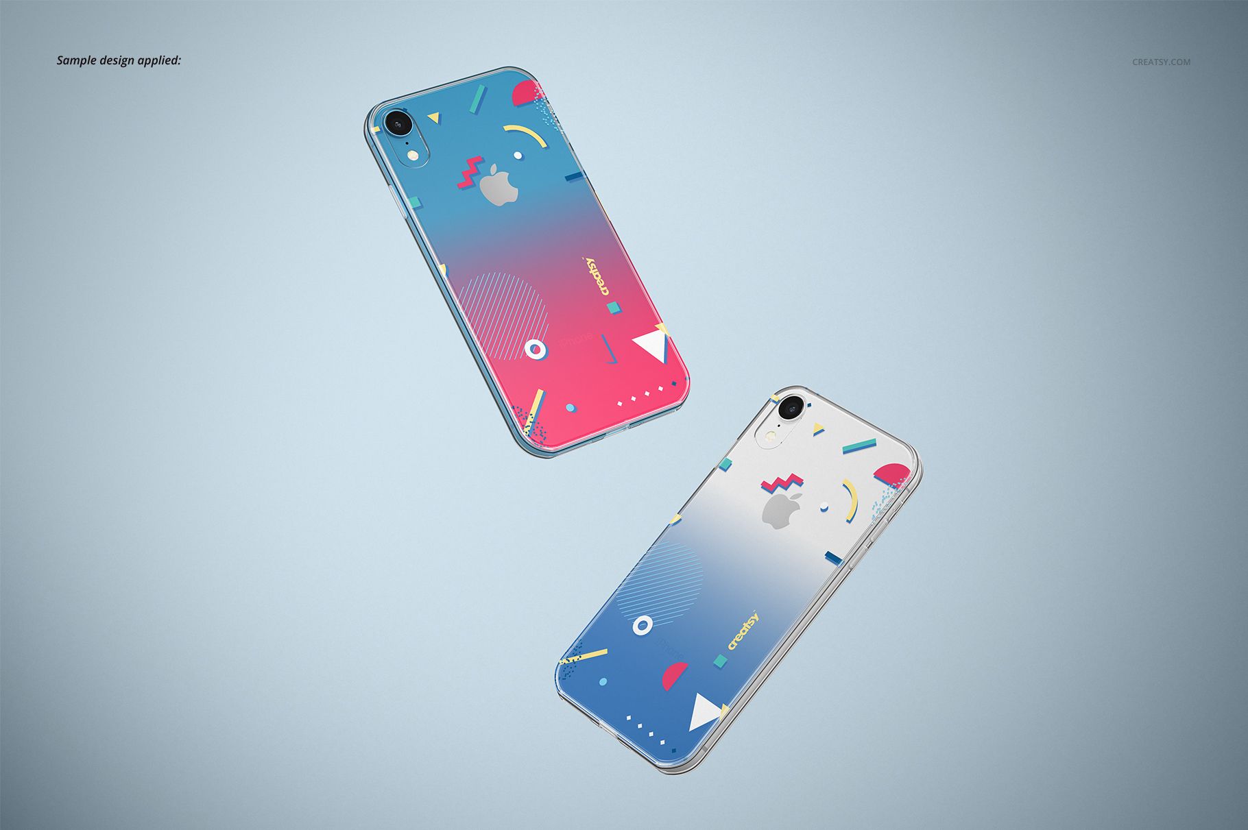 Mockup of iPhone XR clear cases featuring vibrant geometric designs, shown from an elevated perspective on blue.