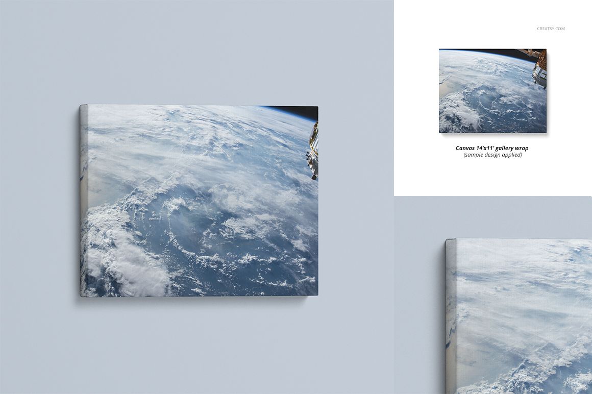 Rectangular canvas print mockup featuring an aerial view of Earth with clouds, shown on a light gray background.