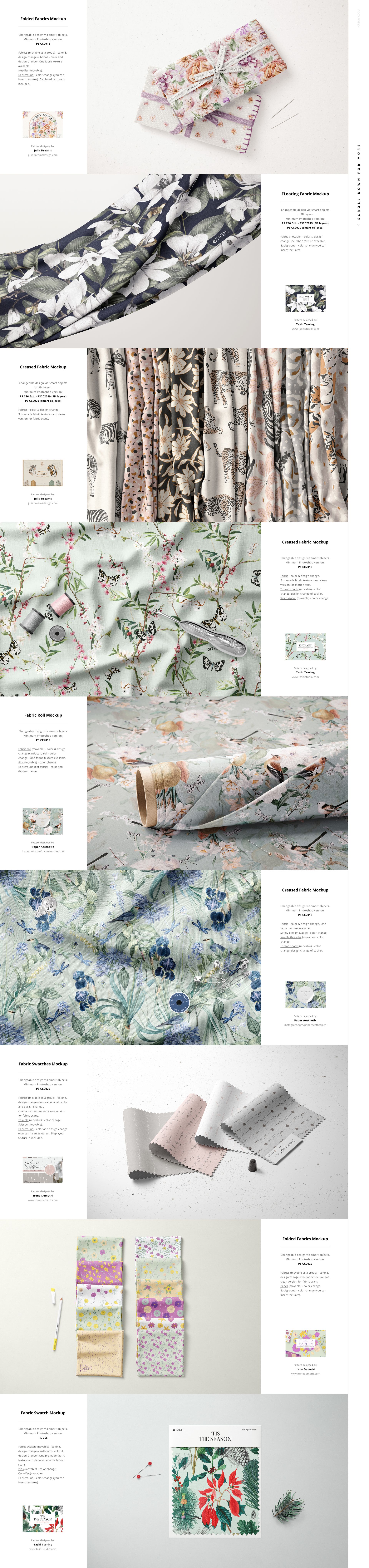 Fabric Factory v.6 PSD mockup bundle featuring multiple fabric types in diverse positions and vivid artistic prints.