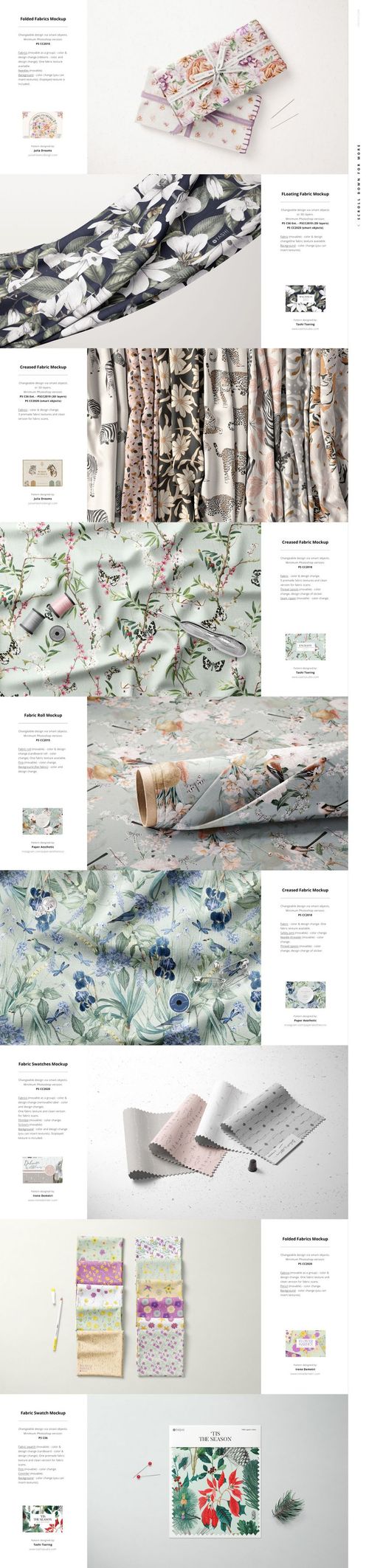 Fabric Factory v.6 PSD mockup bundle featuring multiple fabric types in diverse positions and vivid artistic prints.