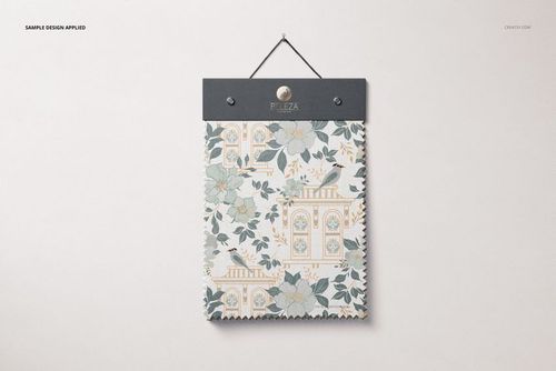 Fabric swatch mockup hanging on a wall, featuring a pastel floral and architectural pattern with a gray header.