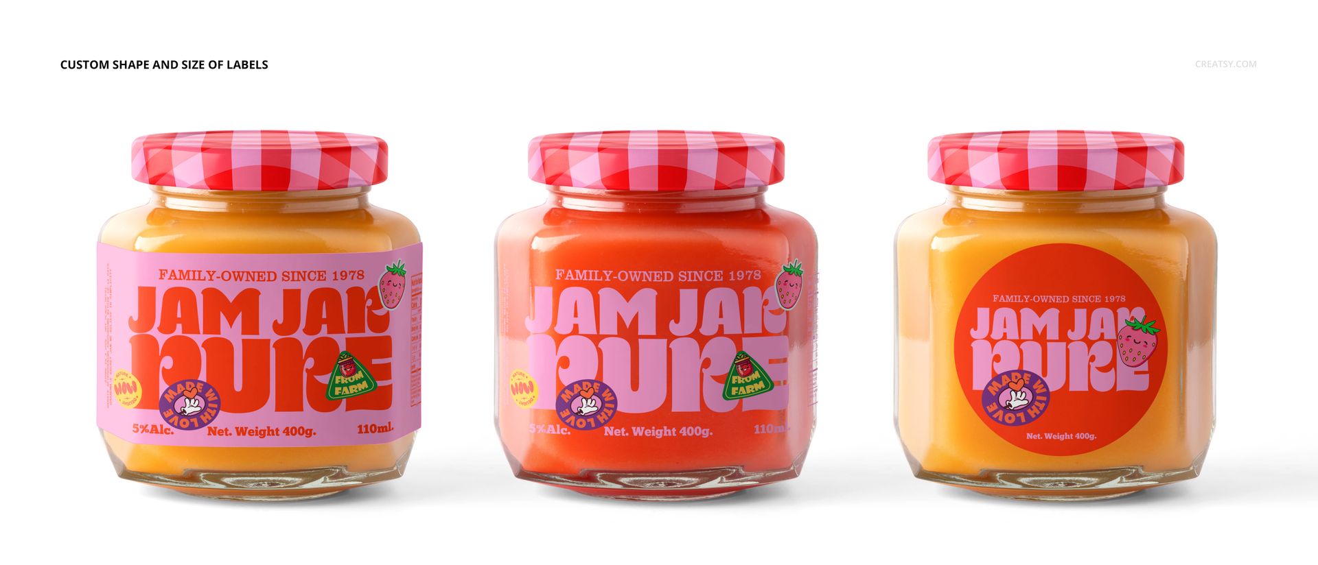 PSD mockup showing trio of jam jars featuring different label shapes and colors, viewed from the front on a white surface.
