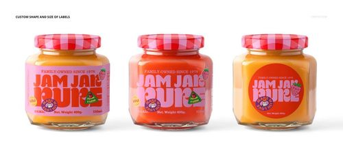 PSD mockup showing trio of jam jars featuring different label shapes and colors, viewed from the front on a white surface.
