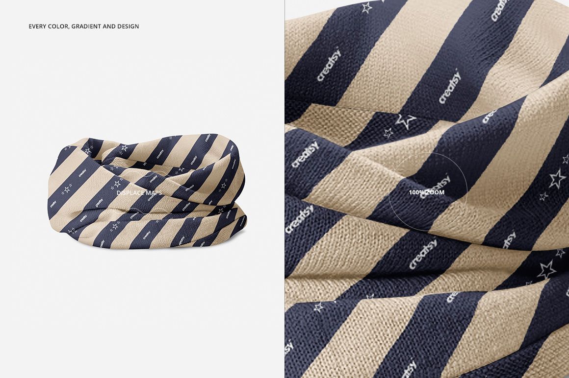 Fashion accessory neck warmer mockup featuring beige and navy stripes, displayed with fabric detail and texture.