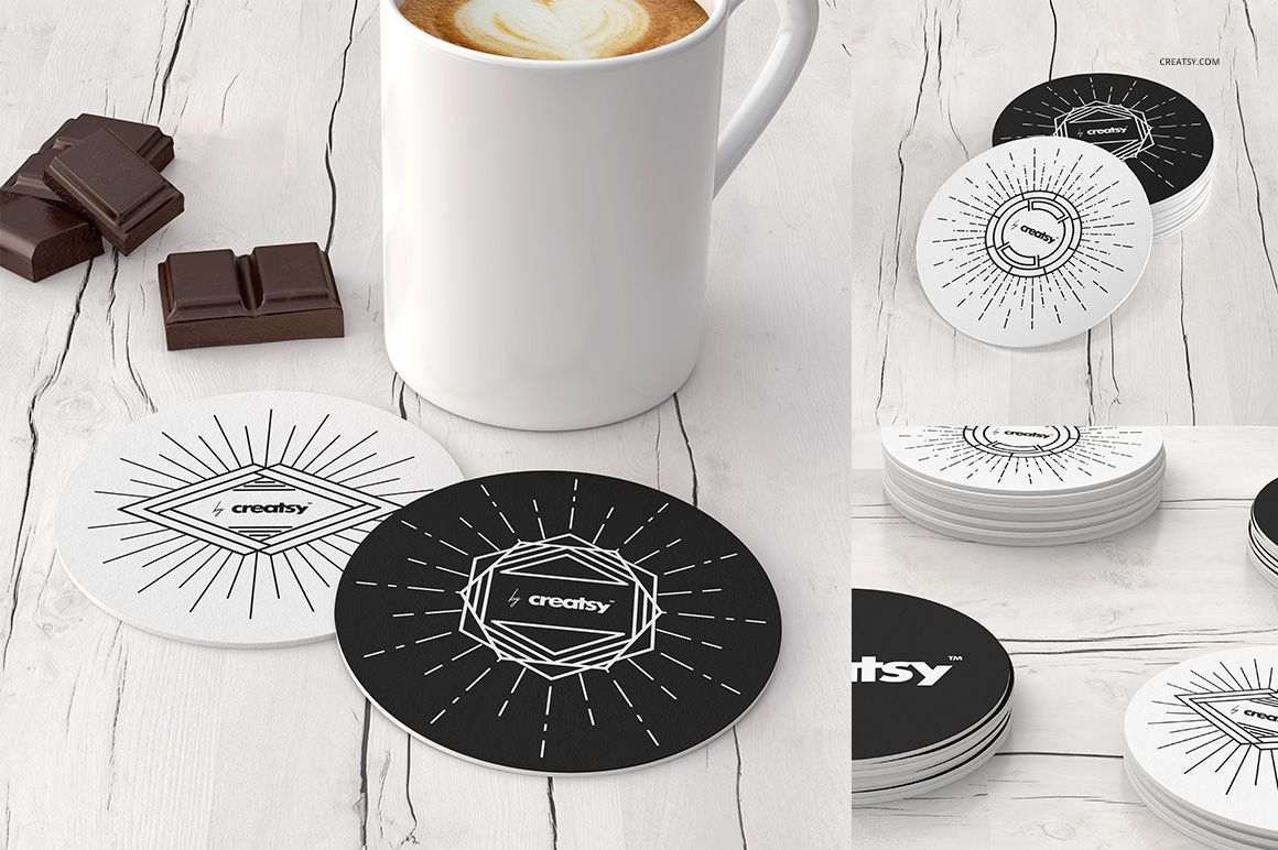 PSD mockup of round coasters with monochrome geometric patterns, presented near a mug and stacked on a light wood background.