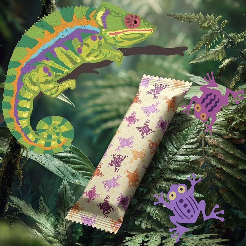 Candy bar mockup with colorful jungle-themed wrapper featuring illustrated frogs and lizards, set among lush green foliage.