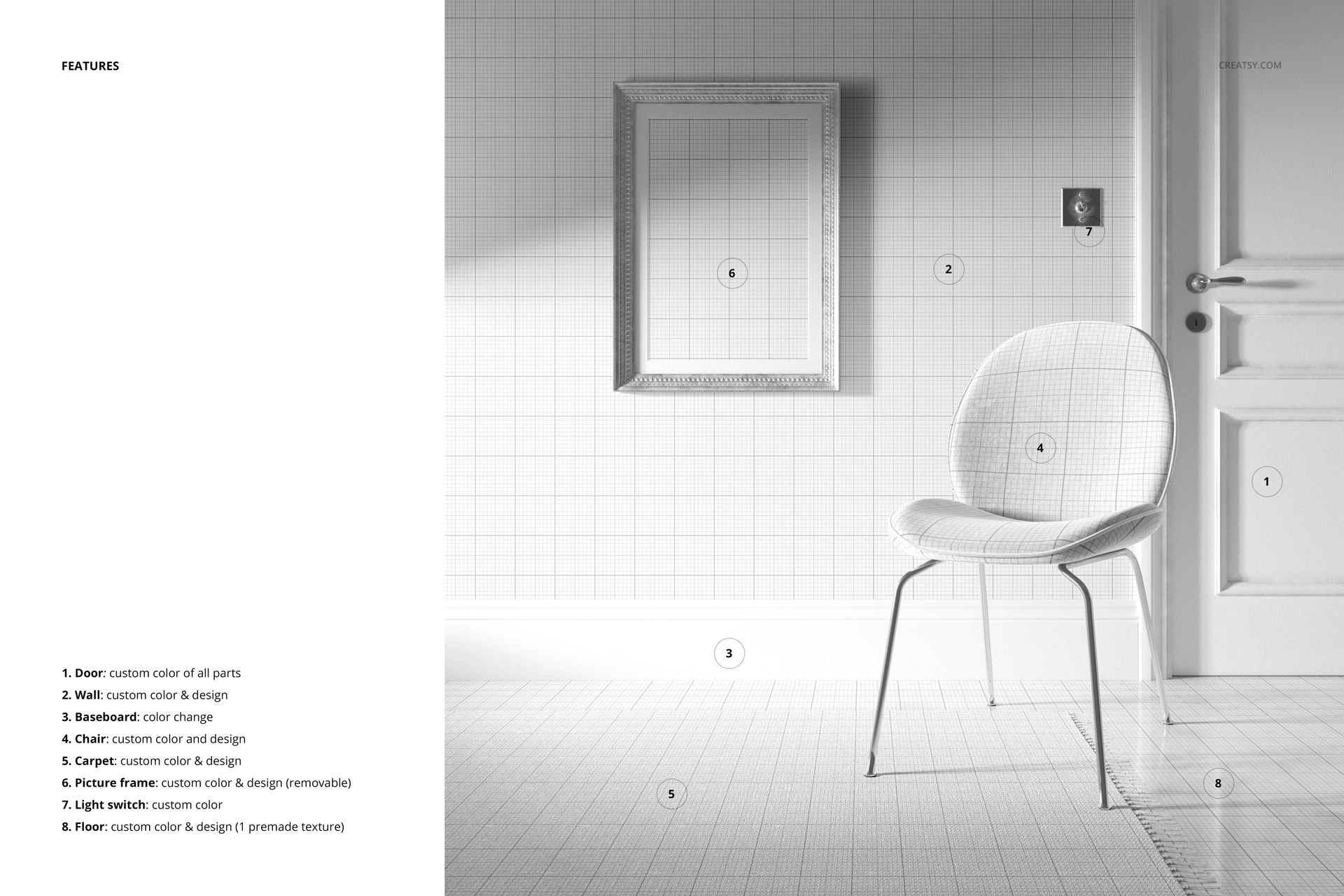 Front view of a modern room mockup featuring a white chair, blank frame, and grid-patterned wall and floor.